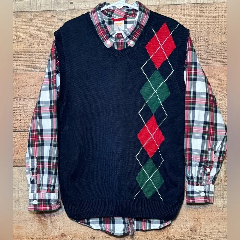 Gymboree Holiday Sweater Vest & Shirt Set Boy’s size M (7-8) Argyle Preppy